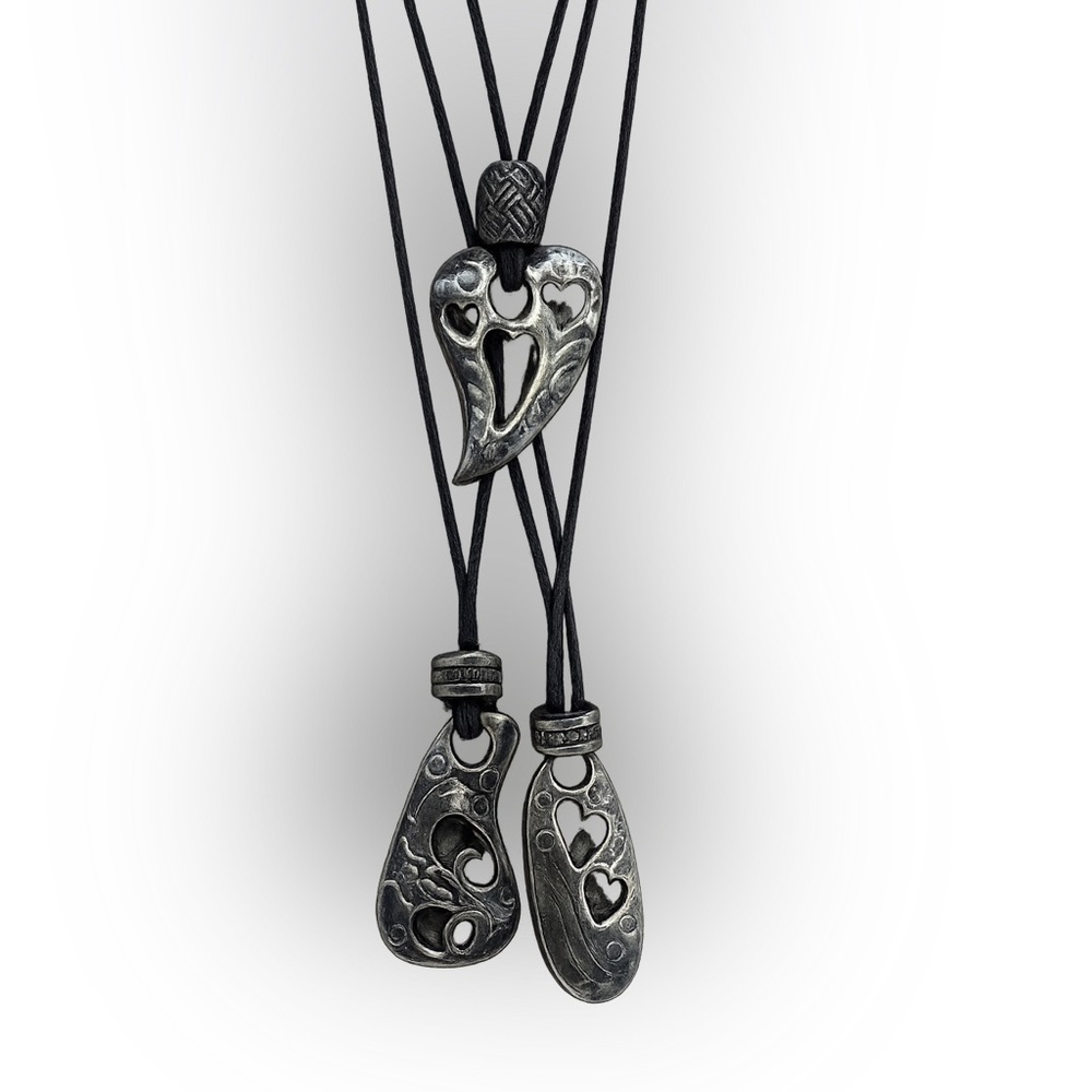 Vintage Multi Strand Cord Necklace - Black Silver Heart Drop